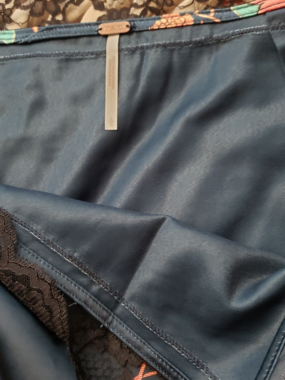 Free People Blue Floral Satin Midi Skirt Set with Black Lace Trim - Picture 6 of 8